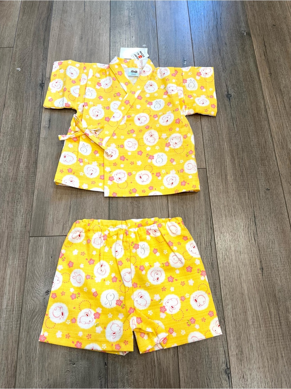 Japanese Cute Bunny and Flower Printed Kimono Top with Shorts - Jinbei